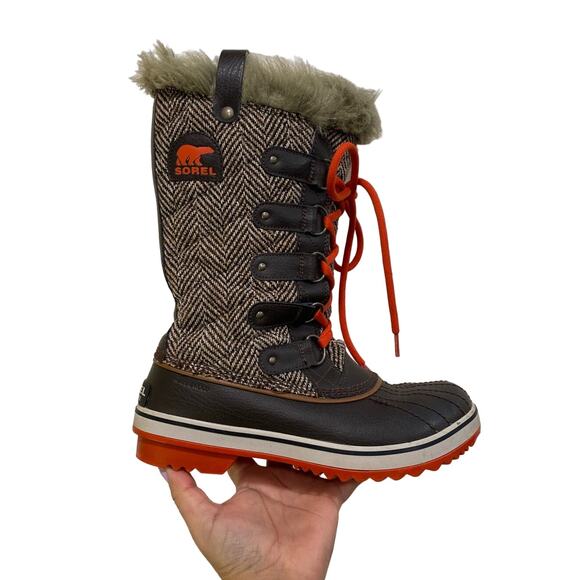 SOREL Herringbone Quilted Brown Winter Waterproof Boots Faux Fur Trim Lined  9us - Picture 1 of 9